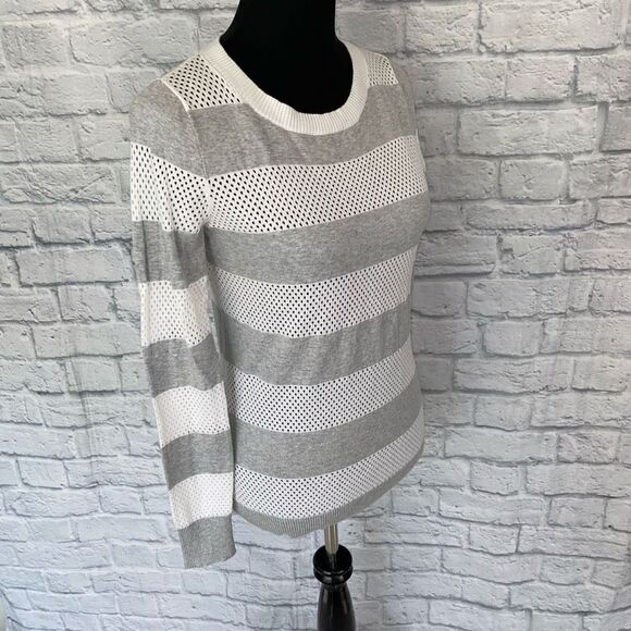 Express open knit Crewneck Longsleeve lightweight stripe sweater white grey sz S - Picture 4 of 9